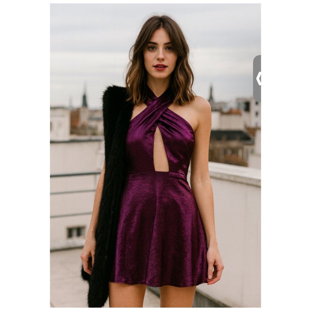 Nasty Gal Purple Metallic Cutout Open Back Mini Skater Dress XS NWT - Picture 4 of 12